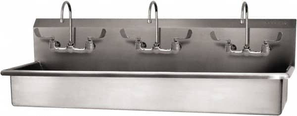 SANI-LAV - 57" Long x 16-1/2" Wide Inside, 1 Compartment, Grade 304 Stainless Steel (3) Person Wash-Station with Manual Faucet - 16 Gauge, 60" Long x 20" Wide x 18" High Outside, 8" Deep - Makers Industrial Supply