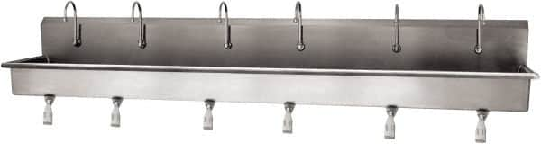 SANI-LAV - 117" Long x 16-1/2" Wide Inside, 1 Compartment, Grade 304 Stainless Steel (6) Person Wash-Station with Single Foot Valves - 16 Gauge, 120" Long x 20" Wide x 18" High Outside, 8" Deep - Makers Industrial Supply