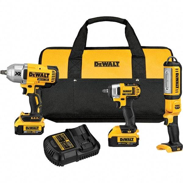 DeWALT - 20 Volt Cordless Tool Combination Kit - Includes 1/2" Impact Wrench, 3/8" Impact Wrench & Handheld Light, Lithium-Ion Battery Included - Makers Industrial Supply