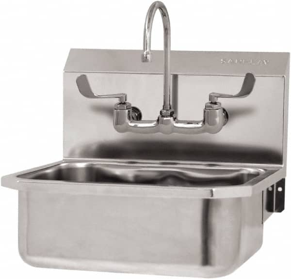 SANI-LAV - 17" Long x 14" Wide Inside, 1 Compartment, Grade 304 Stainless Steel Hand Sink Wall Mount with Manual Faucet - 18 Gauge, 19" Long x 18" Wide x 21" High Outside, 7" Deep - Makers Industrial Supply