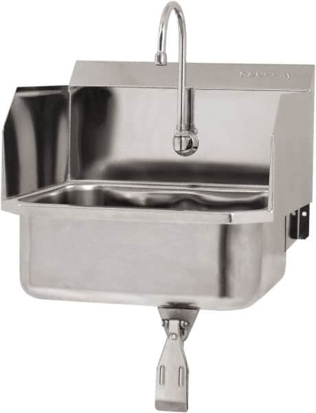 SANI-LAV - 17" Long x 14" Wide Inside, 1 Compartment, Grade 304 Stainless Steel Hand Sink Wall Mount with Single Knee Valve - 18 Gauge, 19" Long x 18" Wide x 21" High Outside, 7" Deep - Makers Industrial Supply