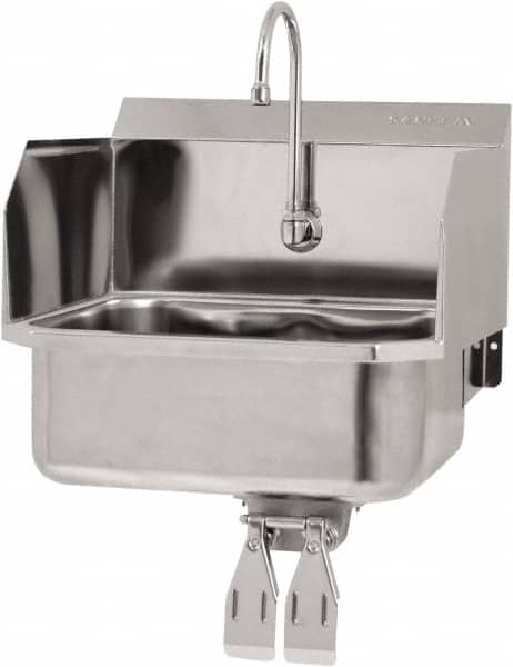 SANI-LAV - 17" Long x 14" Wide Inside, 1 Compartment, Grade 304 Stainless Steel Hand Sink Wall Mount with Double Knee Valve - 18 Gauge, 19" Long x 18" Wide x 21" High Outside, 7" Deep - Makers Industrial Supply