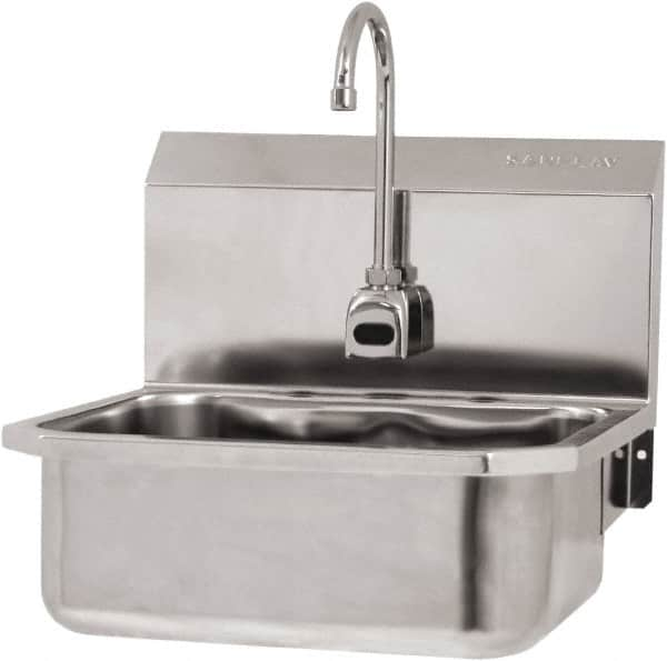 SANI-LAV - 17" Long x 14" Wide Inside, 1 Compartment, Grade 304 Stainless Steel Hand Sink Wall Mount with Electronic Faucet - 18 Gauge, 19" Long x 18" Wide x 21" High Outside, 7" Deep - Makers Industrial Supply