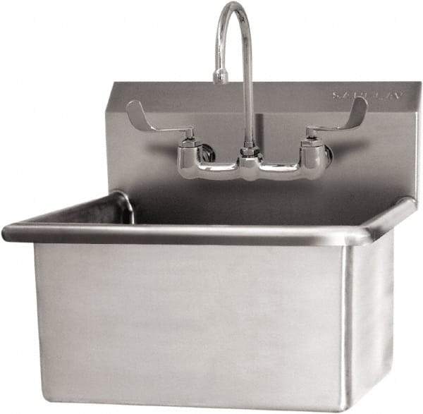 SANI-LAV - 22" Long x 16" Wide Inside, 1 Compartment, Grade 304 Stainless Steel Scrub Sink Wall Mount with Manual Faucet - 16 Gauge, 25" Long x 19-1/2" Wide x 24" High Outside, 10-1/2" Deep - Makers Industrial Supply