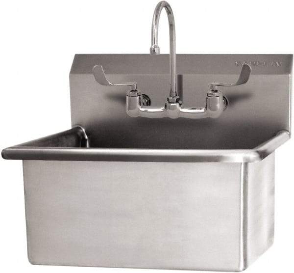 SANI-LAV - 28" Long x 16" Wide Inside, 1 Compartment, Grade 304 Stainless Steel Hand Sink Wall Mount with Manual Faucet - 16 Gauge, 31" Long x 19-1/2" Wide x 24" High Outside, 10-1/2" Deep - Makers Industrial Supply