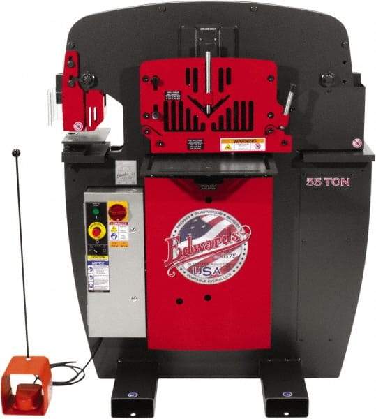 Edwards Manufacturing - 7-1/2" Throat Depth, 100 Ton Punch Pressure, 1-1/16" in 1" Punch Capacity Ironworker - 7-1/2 hp, 3 Phase, 230 Volts, 45" Wide x 61-11/16" High x 56-1/8" Deep - Makers Industrial Supply