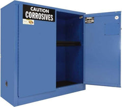 Securall Cabinets - 2 Door, 1 Shelf, Blue Steel Standard Safety Cabinet for Corrosive Chemicals - 44" High x 43" Wide x 18" Deep, Manual Closing Door, 3 Point Key Lock, 30 Gal Capacity - Makers Industrial Supply