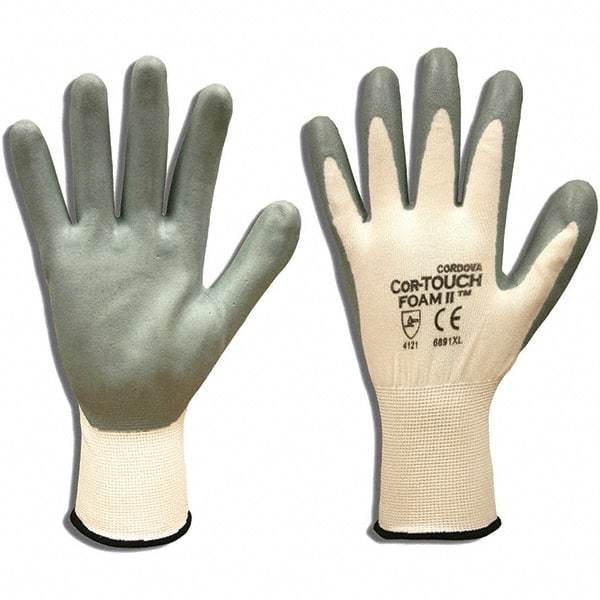 Cordova - Size M, ANSI Cut Lvl 1, Puncture Lvl 1, Abrasion Lvl 4, Cut & Puncture Resistant Gloves - Palm Coated, White/Gray - Makers Industrial Supply