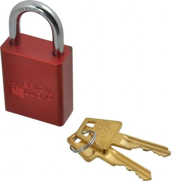 American Lock - Keyed Different Conductive Lockout Padlock - 1" Shackle Clearance, 1/4" Shackle Diam, 1.8" Body Height x 1-1/2" Body Width, Red, 5 Pins - Makers Industrial Supply