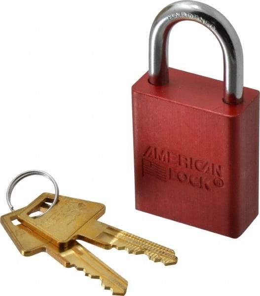 American Lock - Keyed Alike Conductive Lockout Padlock - 1" Shackle Clearance, 1/4" Shackle Diam, 1.8" Body Height x 1-1/2" Body Width, Red, 5 Pins - Makers Industrial Supply