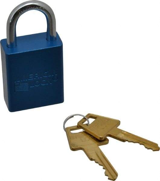 American Lock - Keyed Different Conductive Lockout Padlock - 1" Shackle Clearance, 1/4" Shackle Diam, 1.8" Body Height x 1-1/2" Body Width, Blue, 5 Pins - Makers Industrial Supply