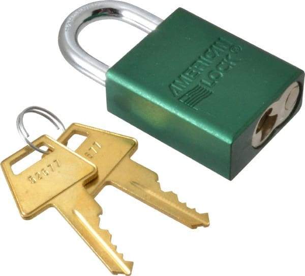 American Lock - Keyed Different Conductive Lockout Padlock - 1" Shackle Clearance, 1/4" Shackle Diam, 1.8" Body Height x 1-1/2" Body Width, Green, 5 Pins - Makers Industrial Supply