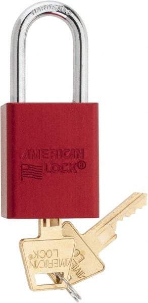 American Lock - Keyed Different Conductive Lockout Padlock - 1-1/2" Shackle Clearance, 1/4" Shackle Diam, 1.8" Body Height x 1-1/2" Body Width, Red, 5 Pins - Makers Industrial Supply