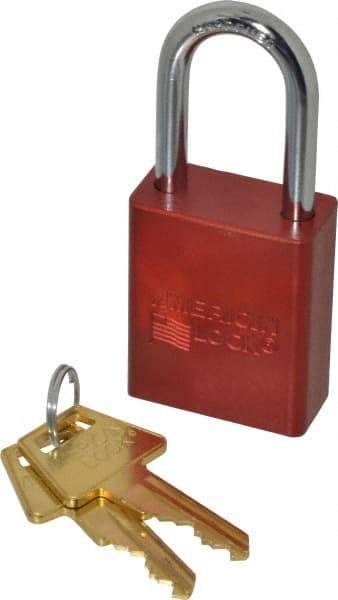 American Lock - Keyed Alike Retaining Key Conductive Lockout Padlock - 1-1/2" Shackle Clearance, 1/4" Shackle Diam, 1.8" Body Height x 1-1/2" Body Width, Red, 5 Pins - Makers Industrial Supply