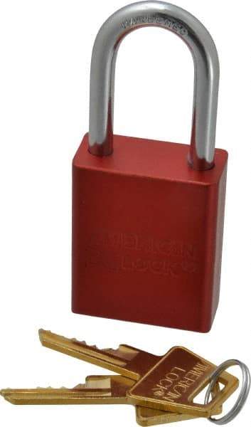 American Lock - Keyed Alike Conductive Lockout Padlock - 1-1/2" Shackle Clearance, 1/4" Shackle Diam, 1.8" Body Height x 1-1/2" Body Width, Red, 5 Pins - Makers Industrial Supply