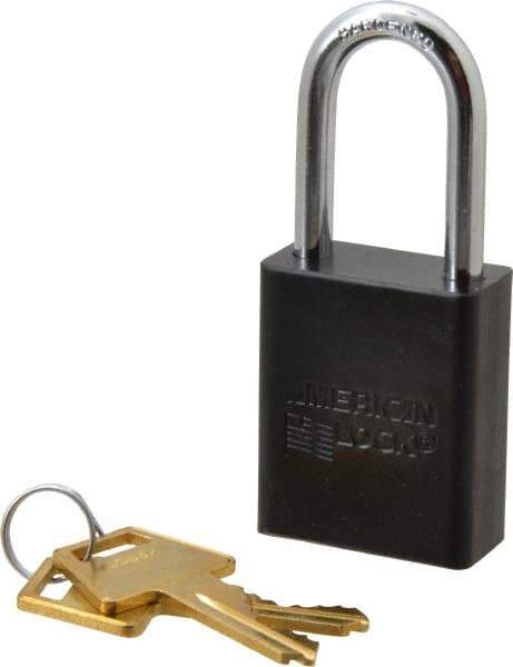 American Lock - Keyed Alike Conductive Lockout Padlock - 1-1/2" Shackle Clearance, 1/4" Shackle Diam, 1.8" Body Height x 1-1/2" Body Width, Black, 5 Pins - Makers Industrial Supply