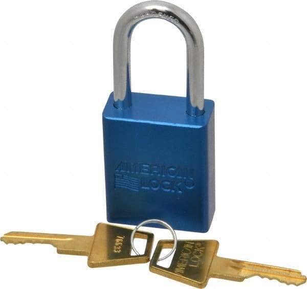 American Lock - Keyed Different Conductive Lockout Padlock - 1-1/2" Shackle Clearance, 1/4" Shackle Diam, 1.8" Body Height x 1-1/2" Body Width, Blue, 5 Pins - Makers Industrial Supply