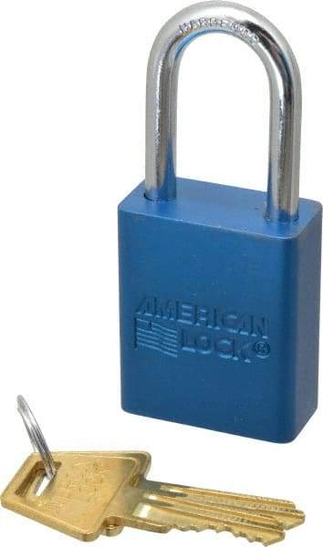 American Lock - Keyed Alike Conductive Lockout Padlock - 1-1/2" Shackle Clearance, 1/4" Shackle Diam, 1.8" Body Height x 1-1/2" Body Width, Blue, 5 Pins - Makers Industrial Supply