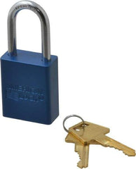 American Lock - Keyed Alike Conductive Lockout Padlock - 1-1/2" Shackle Clearance, 1/4" Shackle Diam, 1.8" Body Height x 1-1/2" Body Width, Blue, 5 Pins - Makers Industrial Supply