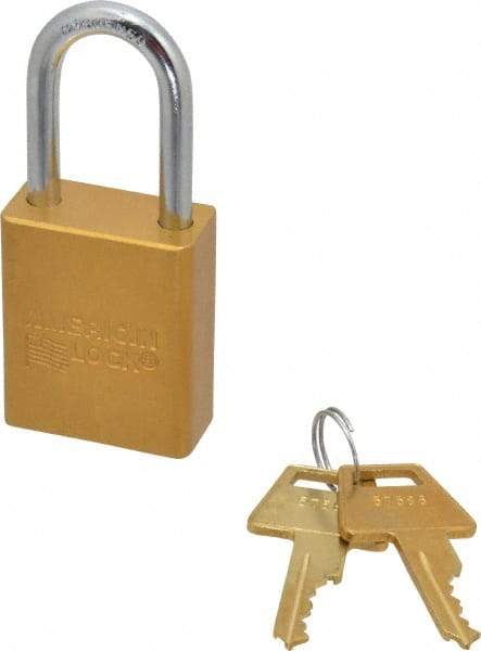 American Lock - Keyed Different Conductive Lockout Padlock - 1-1/2" Shackle Clearance, 1/4" Shackle Diam, 1.8" Body Height x 1-1/2" Body Width, Yellow, 5 Pins - Makers Industrial Supply