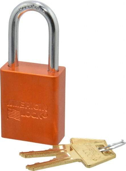 American Lock - Keyed Different Conductive Lockout Padlock - 1-1/2" Shackle Clearance, 1/4" Shackle Diam, 1.8" Body Height x 1-1/2" Body Width, Orange, 5 Pins - Makers Industrial Supply