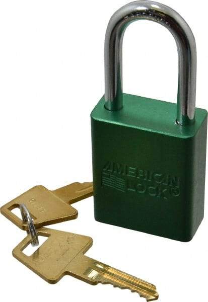 American Lock - Keyed Different Conductive Lockout Padlock - 1-1/2" Shackle Clearance, 1/4" Shackle Diam, 1.8" Body Height x 1-1/2" Body Width, Green, 5 Pins - Makers Industrial Supply