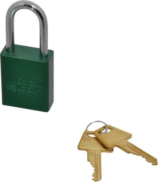 American Lock - Keyed Alike Conductive Lockout Padlock - 1-1/2" Shackle Clearance, 1/4" Shackle Diam, 1.8" Body Height x 1-1/2" Body Width, Green, 5 Pins - Makers Industrial Supply