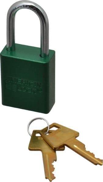 American Lock - Keyed Alike Conductive Lockout Padlock - 1-1/2" Shackle Clearance, 1/4" Shackle Diam, 1.8" Body Height x 1-1/2" Body Width, Green, 5 Pins - Makers Industrial Supply