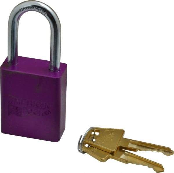 American Lock - Keyed Different Conductive Lockout Padlock - 1-1/2" Shackle Clearance, 1/4" Shackle Diam, 1.8" Body Height x 1-1/2" Body Width, Purple, 5 Pins - Makers Industrial Supply