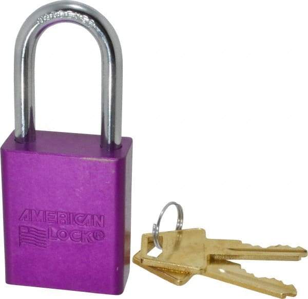 American Lock - Keyed Alike Conductive Lockout Padlock - 1-1/2" Shackle Clearance, 1/4" Shackle Diam, 1.8" Body Height x 1-1/2" Body Width, Purple, 5 Pins - Makers Industrial Supply