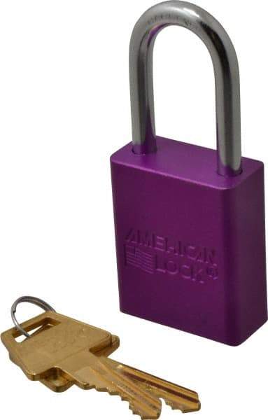 American Lock - Keyed Alike Conductive Lockout Padlock - 1-1/2" Shackle Clearance, 1/4" Shackle Diam, 1.8" Body Height x 1-1/2" Body Width, Purple, 5 Pins - Makers Industrial Supply