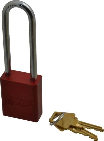 American Lock - Keyed Alike Conductive Lockout Padlock - 3" Shackle Clearance, 1/4" Shackle Diam, 1.8" Body Height x 1-1/2" Body Width, Red, 5 Pins - Makers Industrial Supply