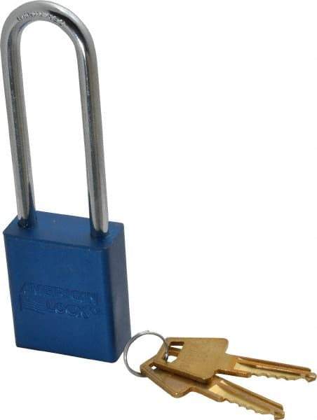 American Lock - Keyed Alike Conductive Lockout Padlock - 3" Shackle Clearance, 1/4" Shackle Diam, 1.8" Body Height x 1-1/2" Body Width, Blue, 5 Pins - Makers Industrial Supply