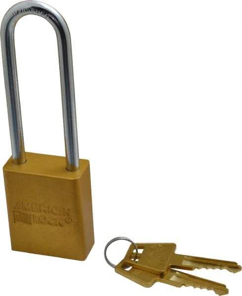 American Lock - Keyed Alike Conductive Lockout Padlock - 3" Shackle Clearance, 1/4" Shackle Diam, 1.8" Body Height x 1-1/2" Body Width, Yellow, 5 Pins - Makers Industrial Supply