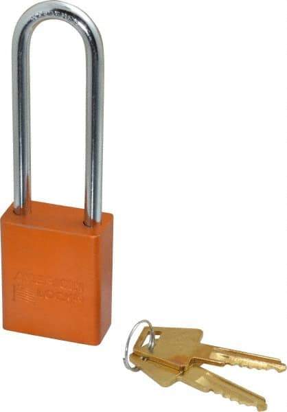 American Lock - Keyed Alike Conductive Lockout Padlock - 3" Shackle Clearance, 1/4" Shackle Diam, 1.8" Body Height x 1-1/2" Body Width, Orange, 5 Pins - Makers Industrial Supply