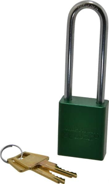 American Lock - Keyed Different Conductive Lockout Padlock - 3" Shackle Clearance, 1/4" Shackle Diam, 1.8" Body Height x 1-1/2" Body Width, Green, 5 Pins - Makers Industrial Supply