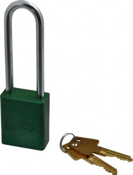 American Lock - Keyed Alike Conductive Lockout Padlock - 3" Shackle Clearance, 1/4" Shackle Diam, 1.8" Body Height x 1-1/2" Body Width, Green, 5 Pins - Makers Industrial Supply