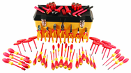 66 Piece - Insulated Tool Set with Pliers; Cutters; Nut Drivers; Screwdrivers; T Handles; Knife; Sockets & 3/8" Drive Ratchet w/Extension; Adjustable Wrench - Makers Industrial Supply