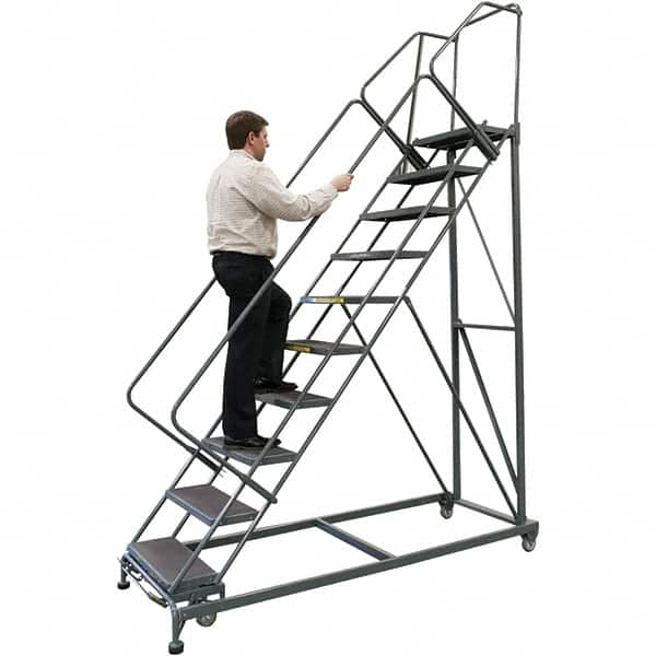 Ballymore - 123" 9 Step Stairway Slope Ladder - 50° Incline, 600 Lb Capacity, 90" Platform Height, 32" Base Width x 82" Base Depth, Expanded Metal Tread - Makers Industrial Supply