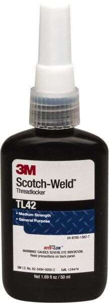 3M - 50 mL Bottle, Blue, Medium Strength Liquid Threadlocker - Series TL42, 24 hr Full Cure Time, Hand Tool Removal - Makers Industrial Supply