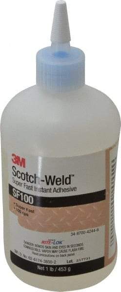 3M - 1 Lb Bottle Clear Instant Adhesive - Series SF100, 3 to 30 sec Working Time, 24 hr Full Cure Time, Bonds to Cardboard, Ceramic, Fabric, Fiberglass, Foam, Glass, Leather, Metal, Paper, Plastic, Rubber, Vinyl & Wood - Makers Industrial Supply