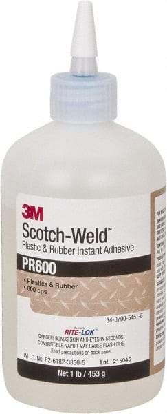 3M - 1 Lb Bottle Clear Instant Adhesive - Series PR600, 4 to 25 sec Working Time, 24 hr Full Cure Time, Bonds to Cardboard, Ceramic, Fabric, Fiberglass, Foam, Glass, Leather, Metal, Paper, Plastic, Rubber, Vinyl & Wood - Makers Industrial Supply