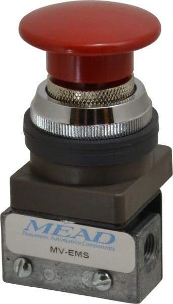 Mead - 1/8" NPT Emergency Stop Manual Valve - 3 Ports, 3-Way, 2-Position Detent, Emergency Stop Push Button Red & Manual Return - Makers Industrial Supply