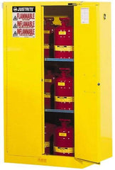 Justrite - 2 Door, 2 Shelf, Yellow Steel Standard Safety Cabinet for Flammable and Combustible Liquids - 65" High x 34" Wide x 34" Deep, Self Closing Door, 3 Point Key Lock, 60 Gal Capacity - Makers Industrial Supply