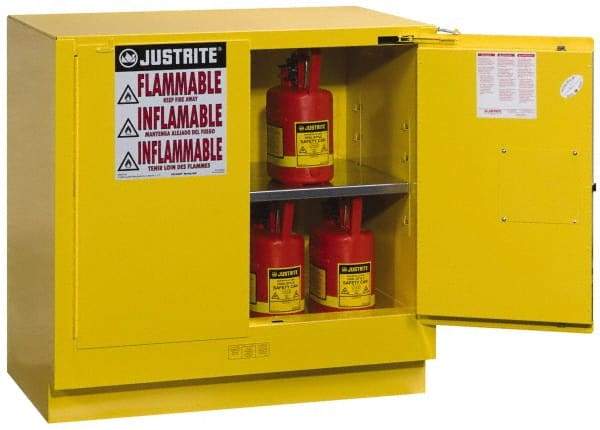 Justrite - 2 Door, 1 Shelf, Yellow Steel Under the Counter Safety Cabinet for Flammable and Combustible Liquids - 35" High x 35" Wide x 22" Deep, Self Closing Door, 22 Gal Capacity - Makers Industrial Supply