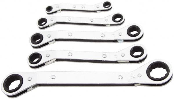 Lang - 5 Piece, 1/4 x 5/16 to 3/4 x 7/8", Ratcheting Box Wrench Set - Inch System of Measurement, Chrome Finish, Comes in Vinyl Roll - Makers Industrial Supply