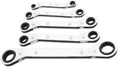 Lang - 5 Piece, 1/4 x 5/16 to 3/4 x 7/8", Ratcheting Box Wrench Set - Inch System of Measurement, Chrome Finish, Comes in Vinyl Roll - Makers Industrial Supply