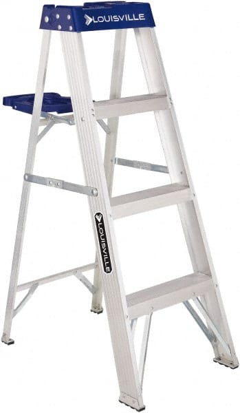 Louisville - 3 Steps, 4' High, Type I Rating, Aluminum Step Ladder - Makers Industrial Supply