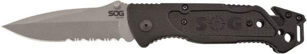 SOG Specialty Knives - 3-13/32" Blade, 8.2" OAL, Partially Serrated Clip Point Folding Knife - 4.8" Closed Length, Plastic, 1 Blade, 1 Edge - Makers Industrial Supply