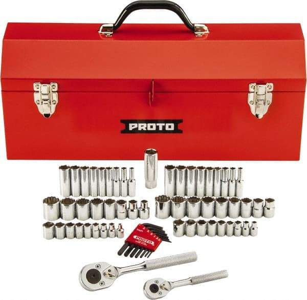 Proto - 63 Piece 1/4" & 3/8" Drive Full Polish Finish Deep Well Impact Socket Set - 6, 12 Points, 1/4" to 3/4" (5mm to 18mm) Range, Inch/Metric Measurement Standard - Makers Industrial Supply